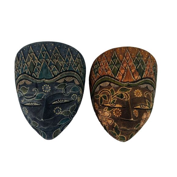 2 Vintage Indonesian Hand Carved Wooden Java Batik‎ Mask Painted Wall Art Signed